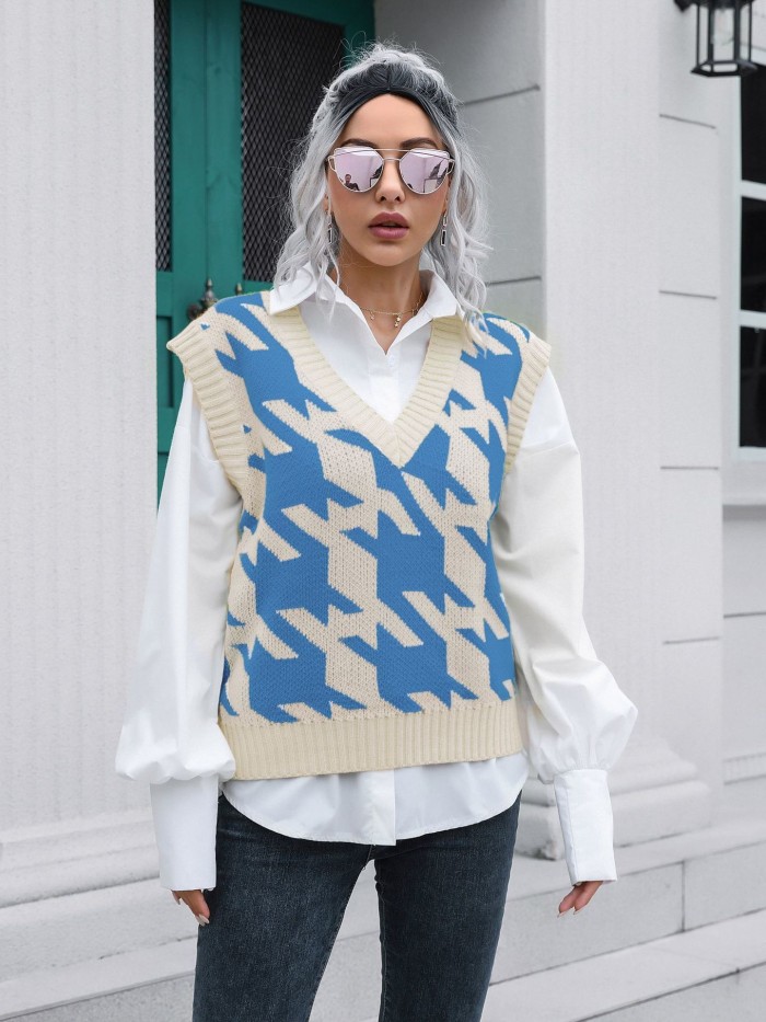 Knit Sweater Grid V-neck Vest
