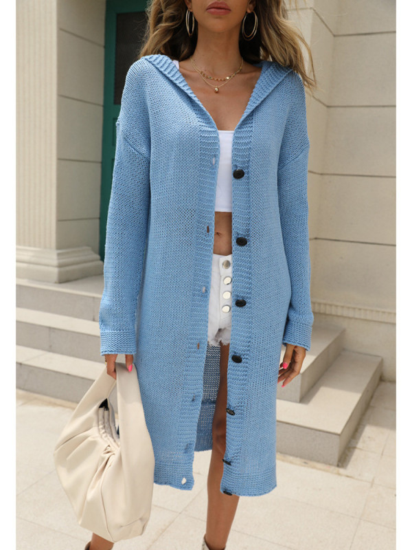 Solid Color Hooded Extended Knitted Cardigan