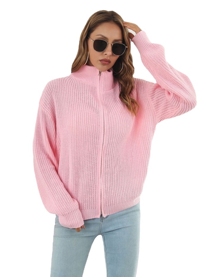 Zipper Knitted Sweater High Neck Loose Knit Cardigan