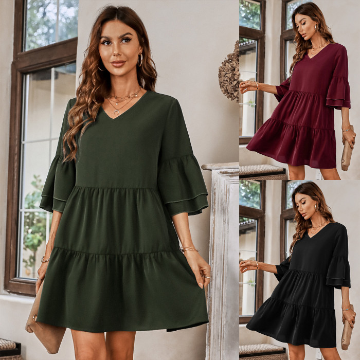 Bohemia Leisure Fashion V-neck Solid Color Loose Dress