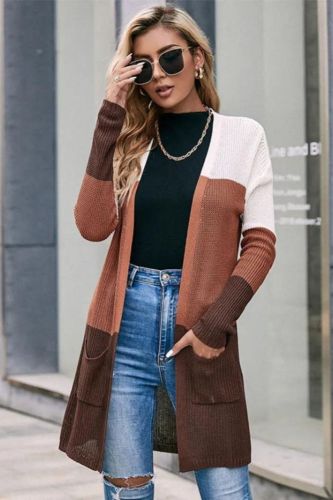 Knit Long Sleeve Color Block Cardigan Sweater