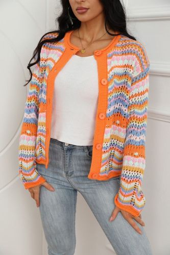 Fashion Knitwear Striped Rainbow Stitching Hollow Sweater Cardigan Jacket