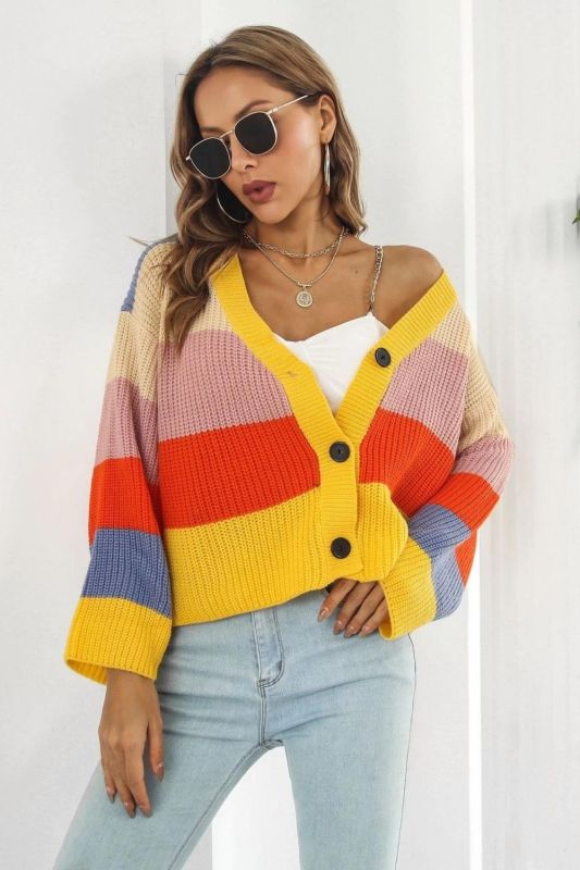 Women's Knitted Color Contrast Rainbow Stripe Sweater Loose Cardigan Coat