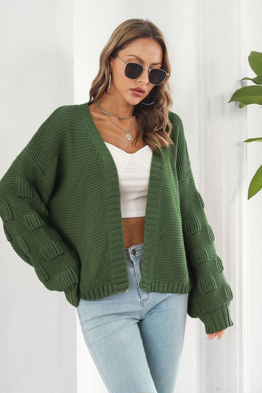 Lantern Sleeve Solid Color Casual Cardigan