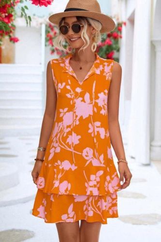 Trendy Floral Print Party Sleeveless Ruffle Boho Mini Dress