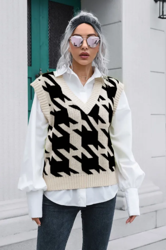 Knit Sweater Grid V-neck Vest