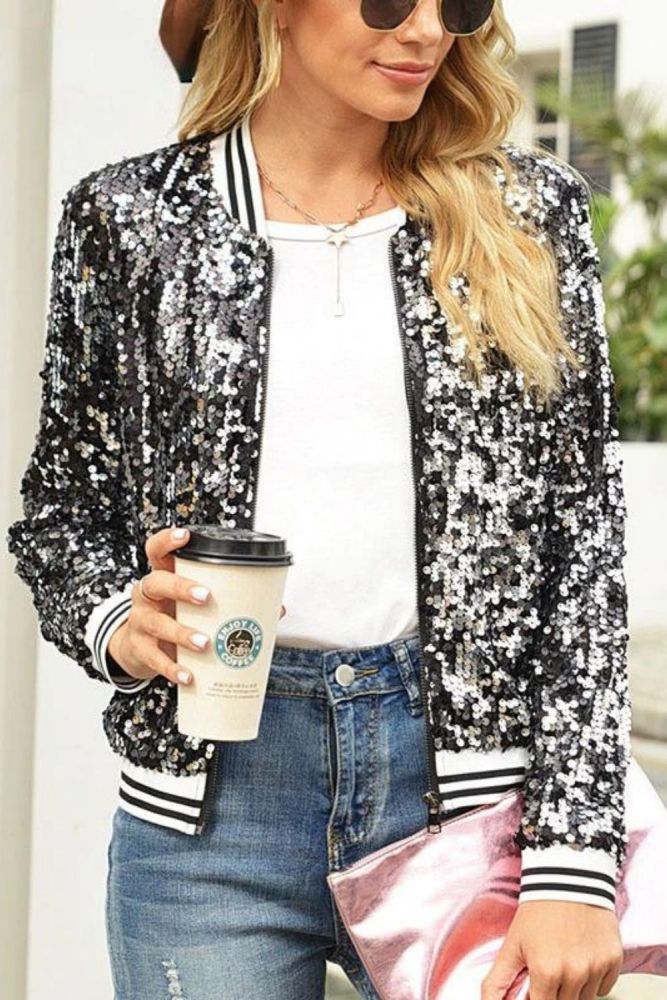 Ladies Sequin Glitter Elegant Office Solid Streetwear Jackets