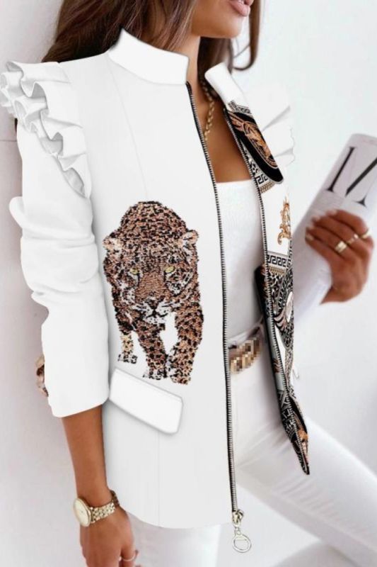 Women's Colorful Leopard Ruffle Long Sleeve Zipper Printed Suit Jackets