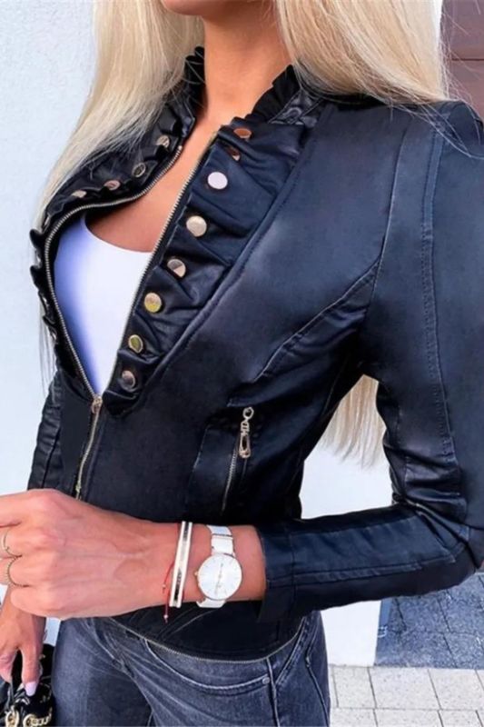 Fashion Faux Leather Ladies Zipper Biker PU Cropped Jacket