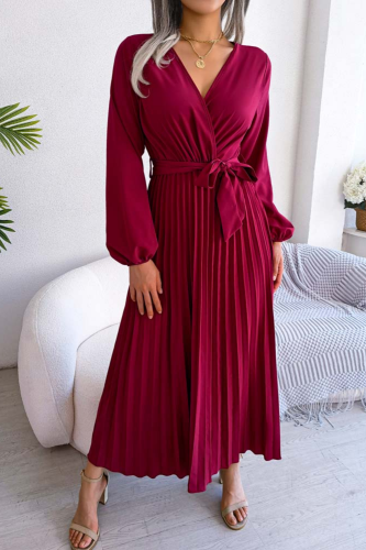 Elegant Spring Pleated Long Sleeve V Neck Maxi Dress