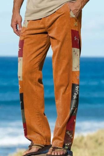 Men's Linen Contrast Checkered Patchwork Print Boho Pants