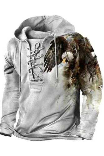 Men's Outdoor American Flag Eagle Lace-Up Hooded T-Shirt