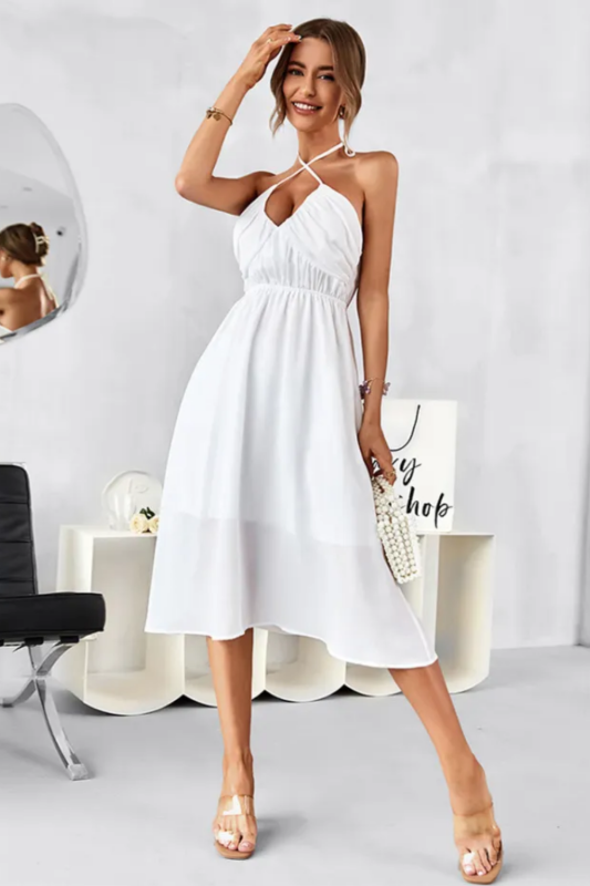 White Beach Sexy Sleeveless Ladies Backless Midi Dress