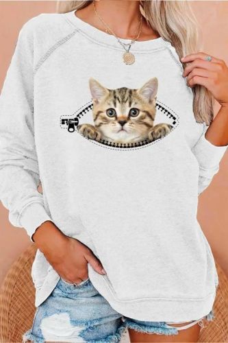 Fun Cat Print Ladies Round Neck Long Sleeve Sweatshirts