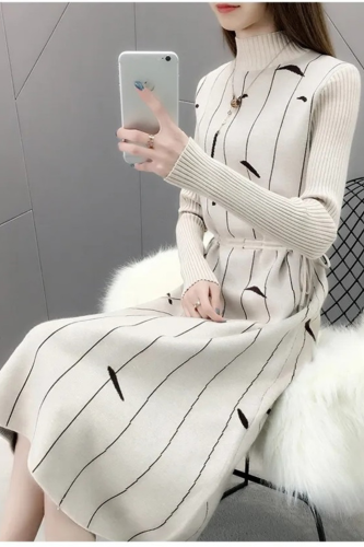 Fashion Knitted Pullovers Half Turtleneck Long Sleeve Sweater Dress