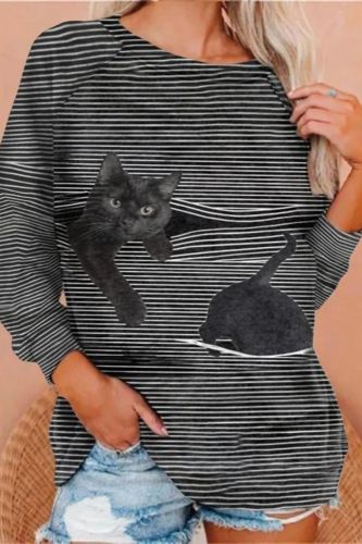 Black Cat Print Women Crew Neck Sweatshirts Top