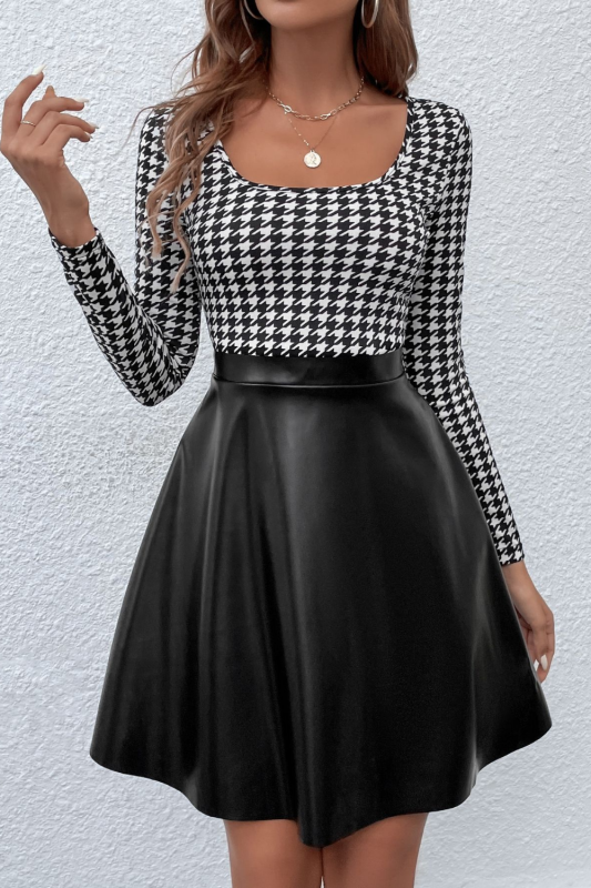 Elegant Black Square Collar Faux Leather Casual Fashion Dress