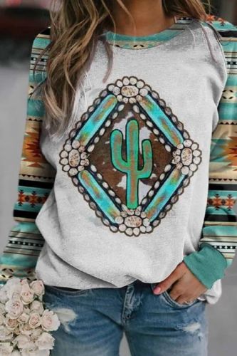 Women's Aztec Long Sleeve Sweatshirt Africa Geometri Colorful Cactus Pattern