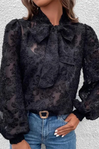 Embroidered Black Hollow Out Long Sleeve Blouses