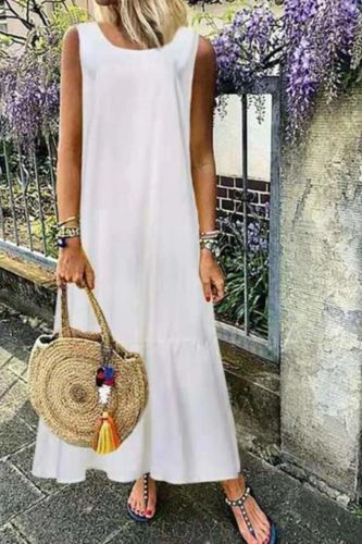 Fashion Loose Retro Solid Color Sleeveless O Neck Pleated Tank  Maxi Dress