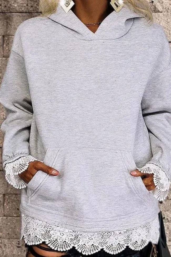 Women's Hoodies Solid Lace Panel Pocket Long Sleeve Hoody