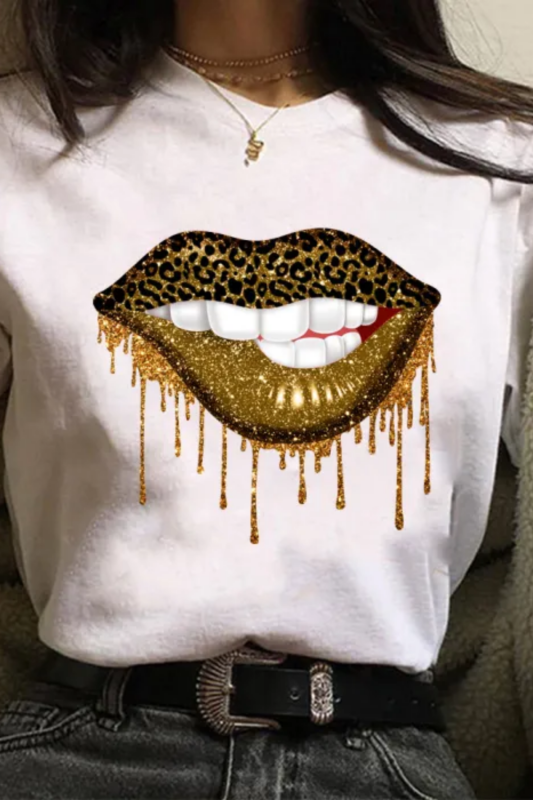 Fashion Lips Leopard Graphic O-neck T-Shirt