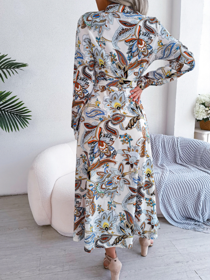Vantage Flower Print Solid Full Shirt Sleeve A-line Dress