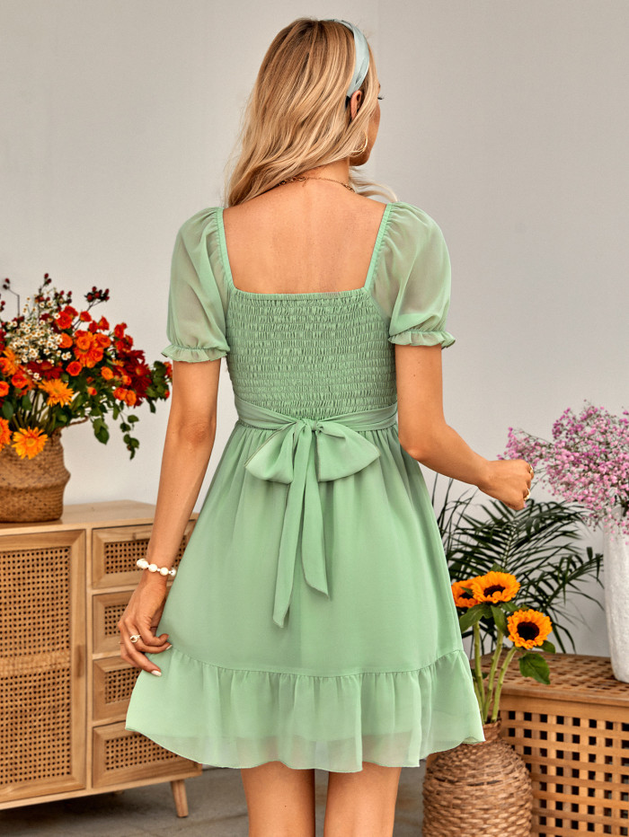 Fashion Lace V Neck Solid Color Short Puff Sleeves High Waist Ruffle Mini Dress