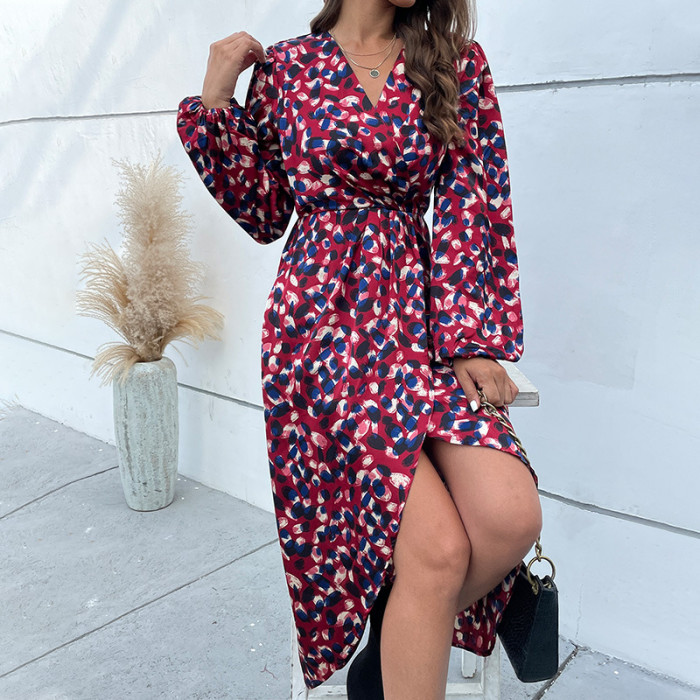 Fashion Print Polka Dot V-Neck lantern sleeve Midi A-Line Dress