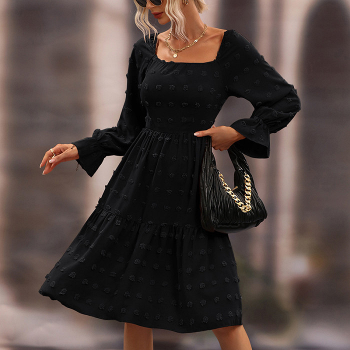 Elegant Square Neck Flare Sleeve High Waist Midi A-line Dress