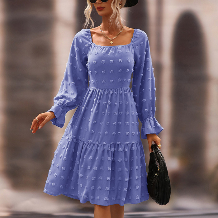 Elegant Square Neck Flare Sleeve High Waist Midi A-line Dress