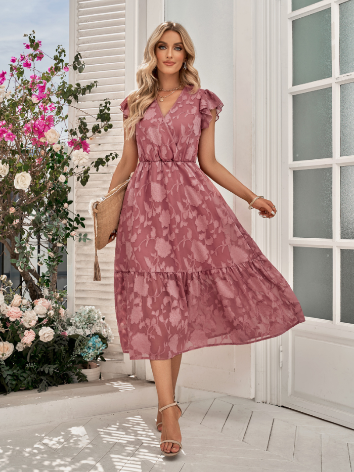 Elegant Floral Prints V-neck High Waist Midi Dress