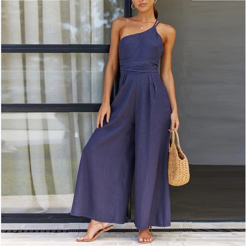 Elegant Sexy Sleeveless One Shoulder Wide Leg Jumpsuits