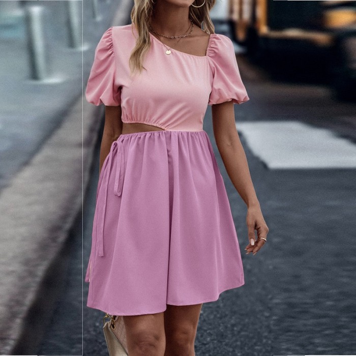 Elegant V-neck Hollow Out Short Puff Sleeve A-line Casual Dresses