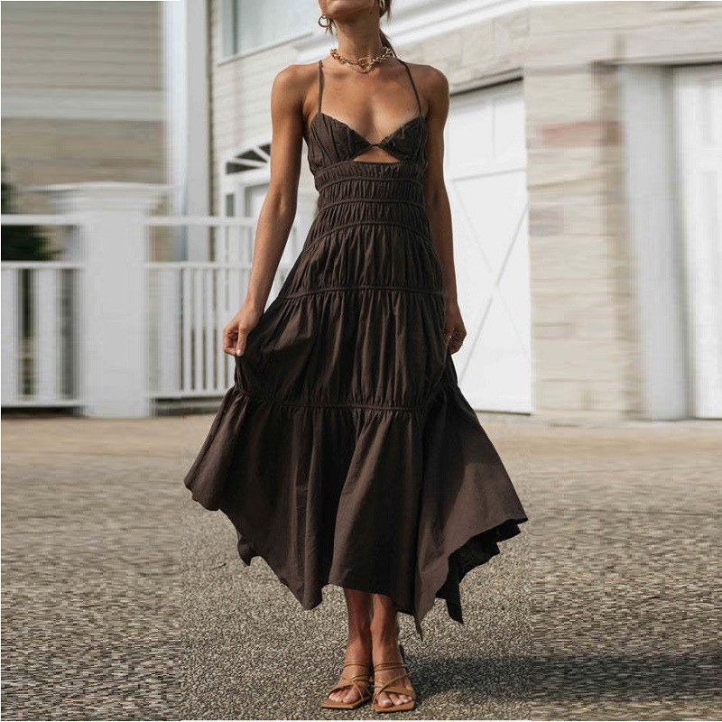 Sexy Backless V-neck Hollow Out High Maxi A-line Dress