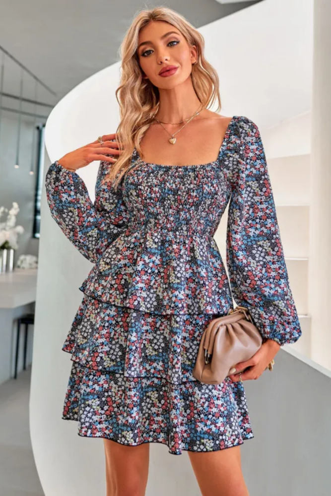 Elegant Floral Print Square Neck Full Lantern Sleeve Folds Mini Dress