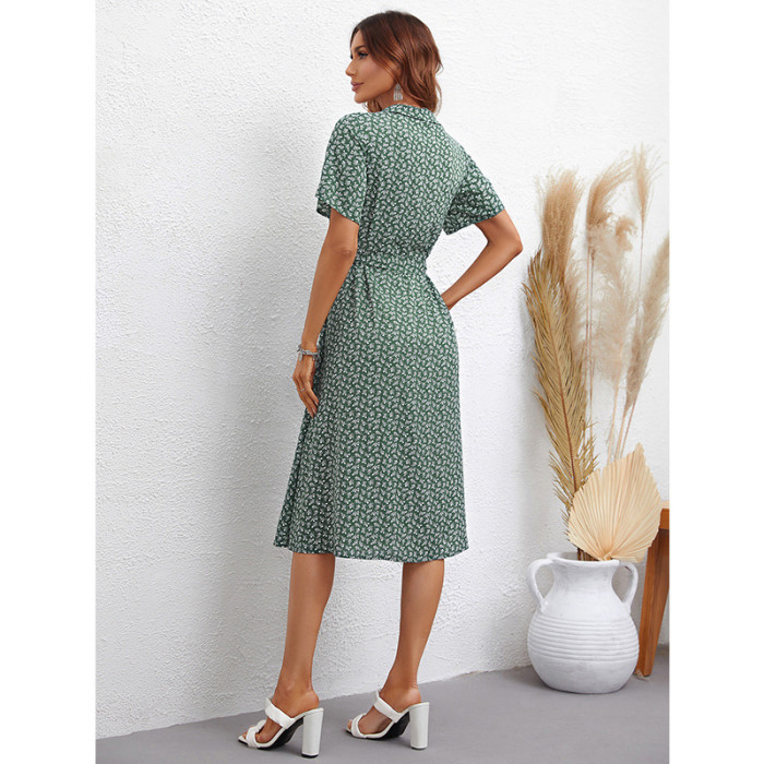 Fashion V Neck Short Sleeve Slit Print Tie Party  Midi Dress