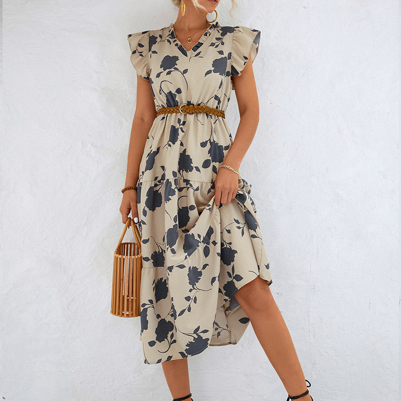 Elegant Fashion Floral Print High Waist V Neck Ruffle Sleeve Hem Midi Dress