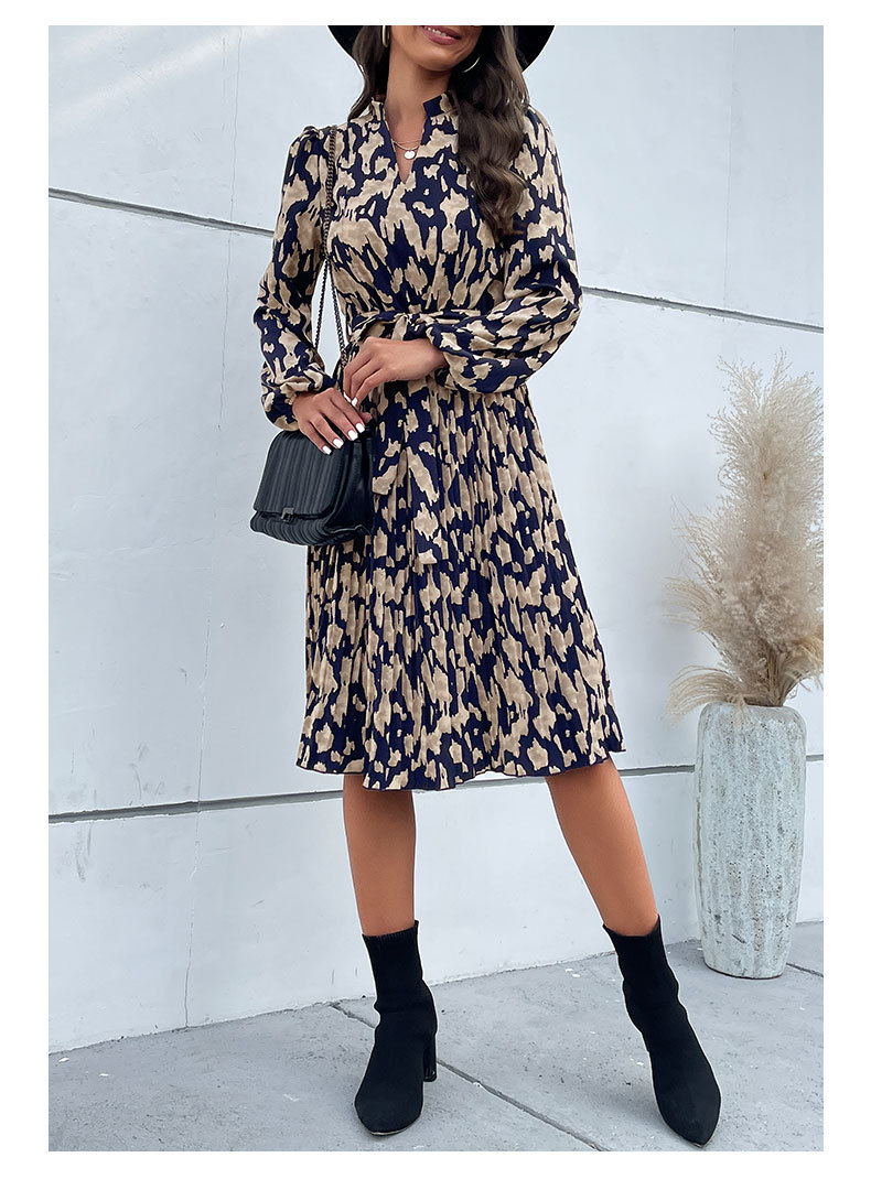 Leopard Print V Neck Pleated Long Sleeve Dress main image 0