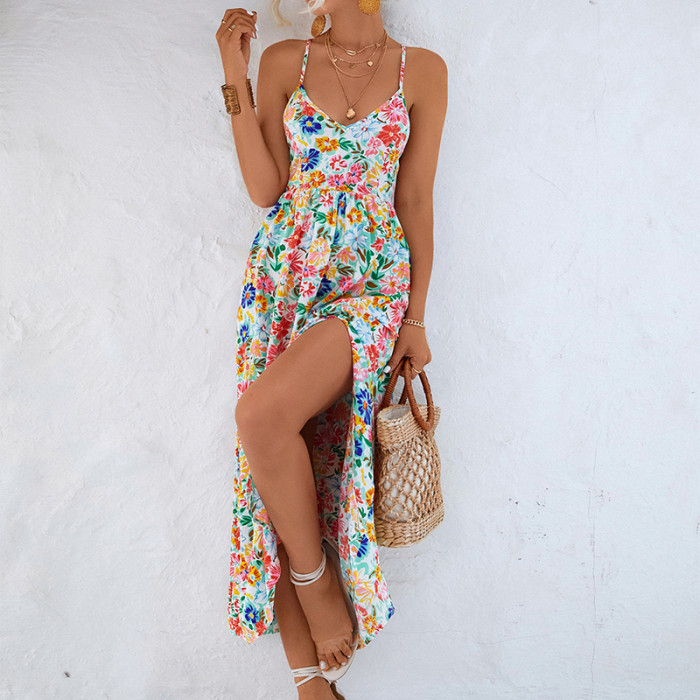 Women's Beach Vintage Print V Neck Backless Bohemian A-Line Maxi Dress