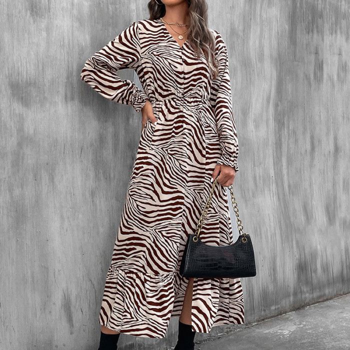 V-neck Single Breasted Puff Sleeve High Waist Leopard Print Dress