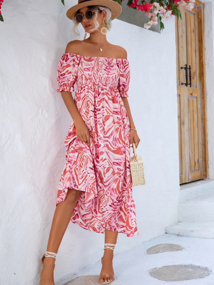 Elegant Stripe Floral Print Slash Neck Puff Sleeve Ruffle A-line Midi Dress