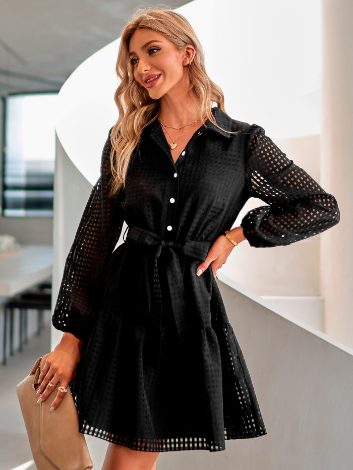 Lapel Single breasted Slim Lace Up Solid Hollow Out Plaid Dress