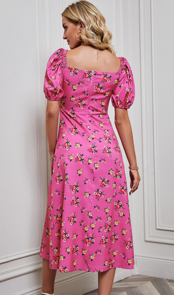 Elegant and Sexy V-Neck Printed Vintage Slit Midi Dress