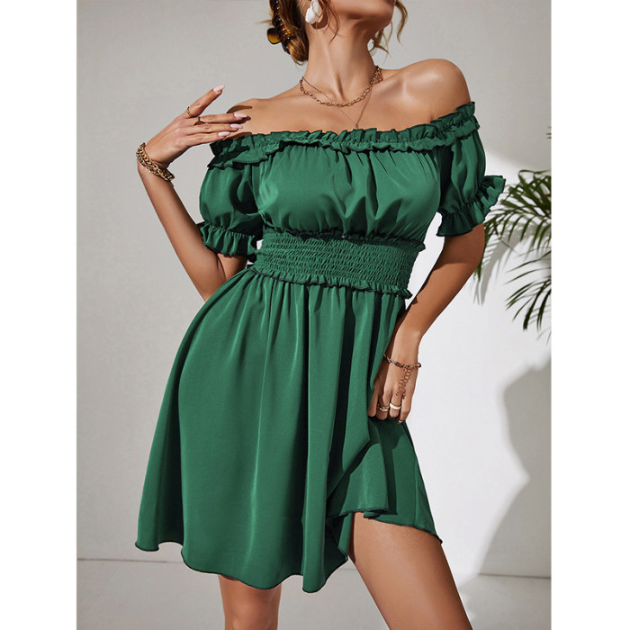 Summer Elegant Slant Neck Solid Color Puff Sleeve Waist Mini Dress