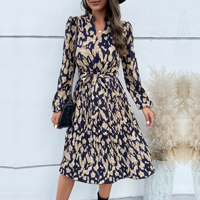 Elegant Leopard Print V-neck Full Sleeve Pleated A-line Midi Dress