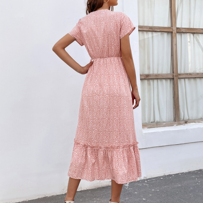 Women's Leopard Print Boho V-Neck Short Sleeve High Waist A-line Maxi Dress
