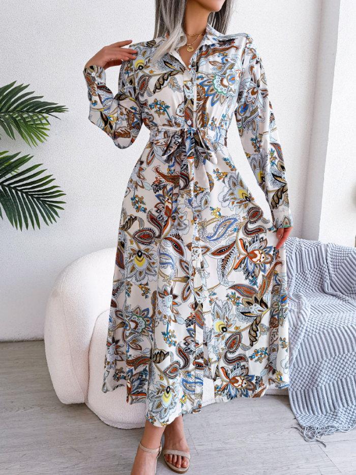 Vantage Flower Print Solid Full Shirt Sleeve A-line Dress