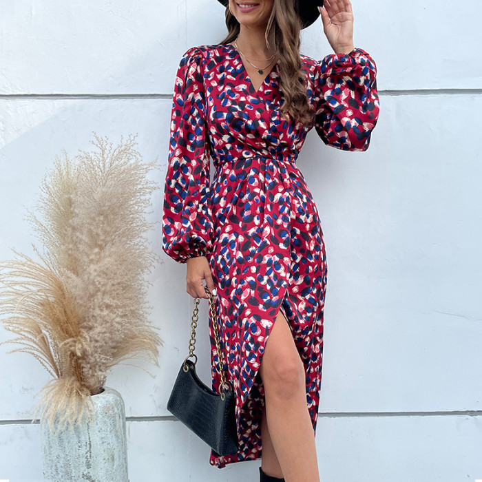Fashion Print Polka Dot V-Neck lantern sleeve Midi A-Line Dress