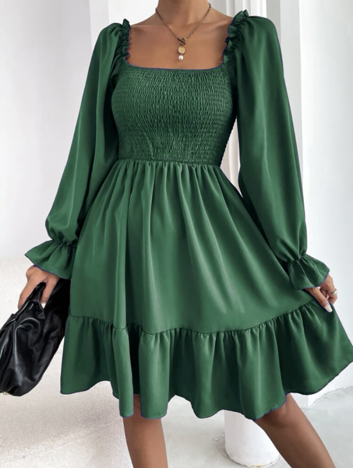 Elegant Women's Square Neck Ruffle High Waist Solid Pleated A-Line  Mini Dress